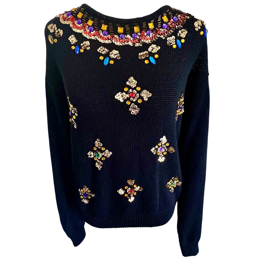 Vintage Y2K Bramble Lane Sequined Beaded Black Sweater Pullover Glam Avant Garde